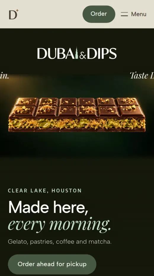 Dubai & Dips home page design, on a phone