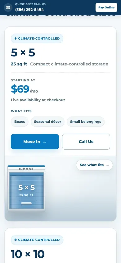 Lake City Self Storage demo, the unit sizes step on a phone